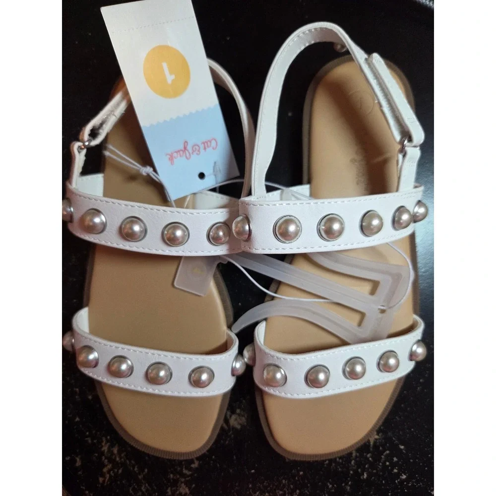 Cat & Jack Girls White Pearl Studded‎ Slingback Sandals Size 1 NEW
